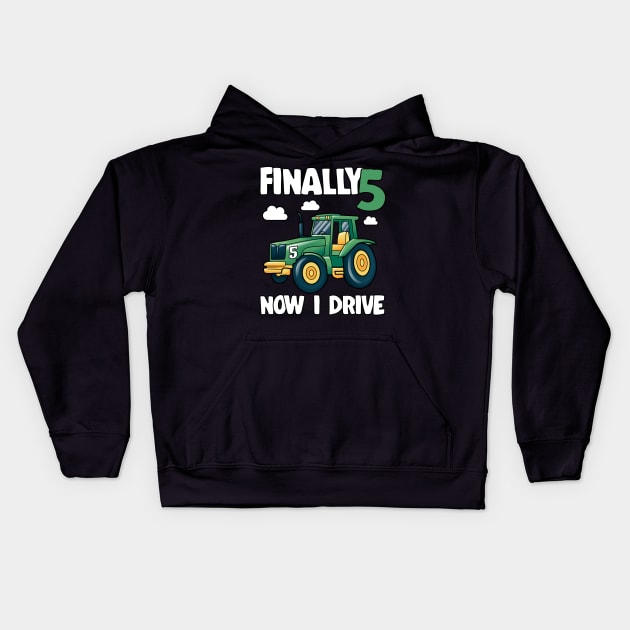 Kids Finally 5 5th Birthday Gift Boy Tractor Kids Hoodie by Kuehni